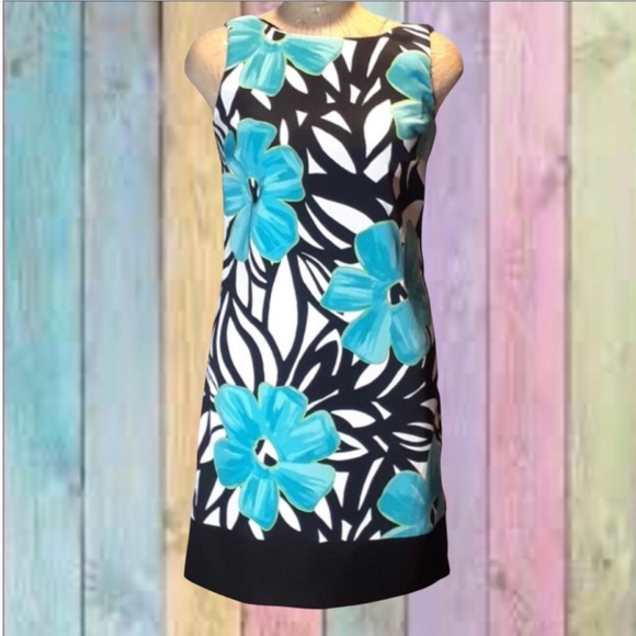 AB Black White Blue Floral Sleeveless Sheath Dress - Picture 1 of 15